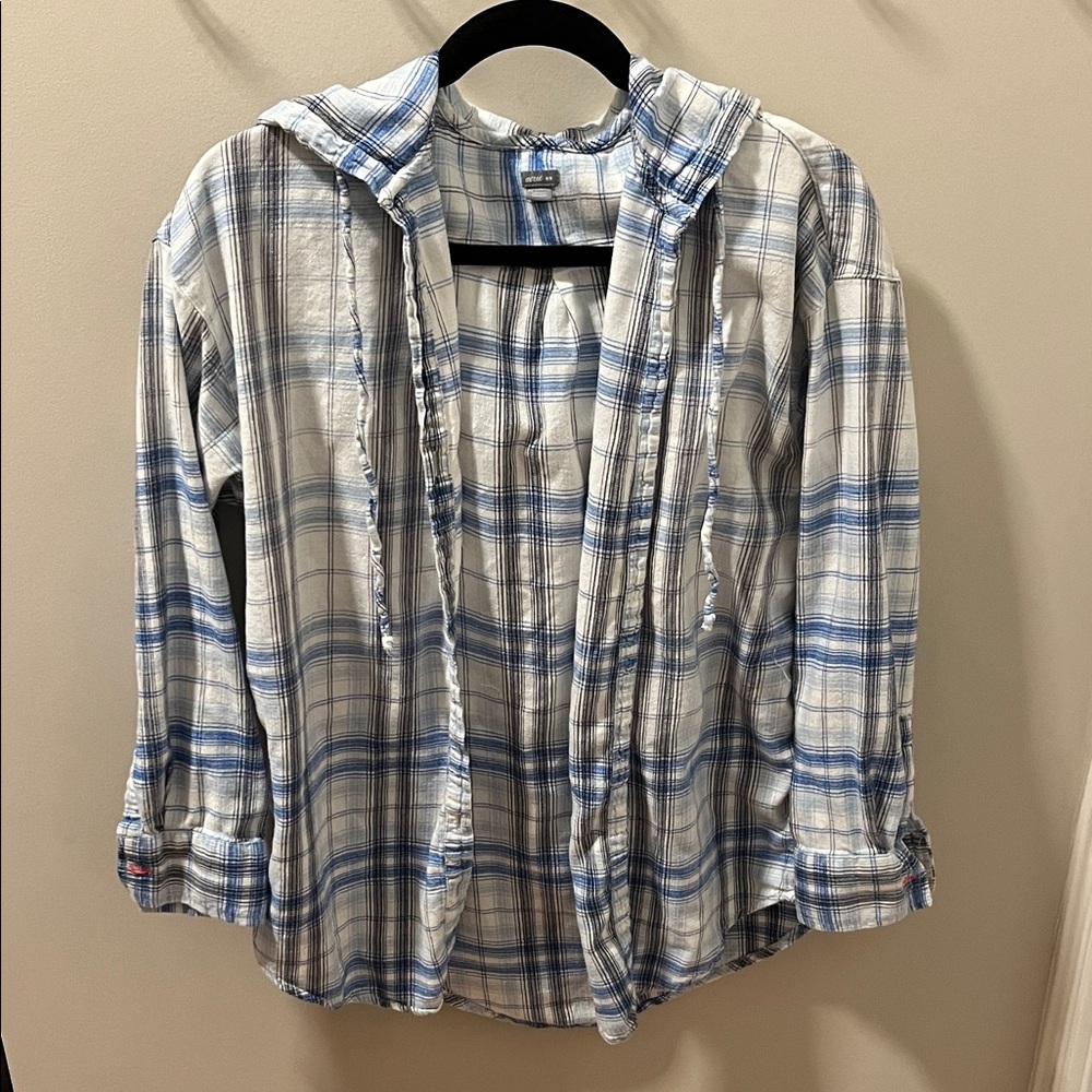 Aerie Blue and White Plaid Hooded flannel Shirt